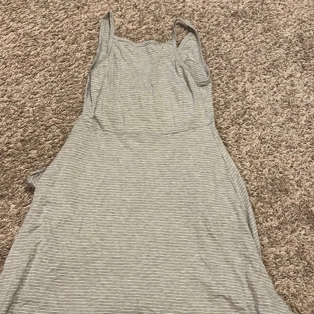 Toad & Co high neck, open back midi dress grey and white strip